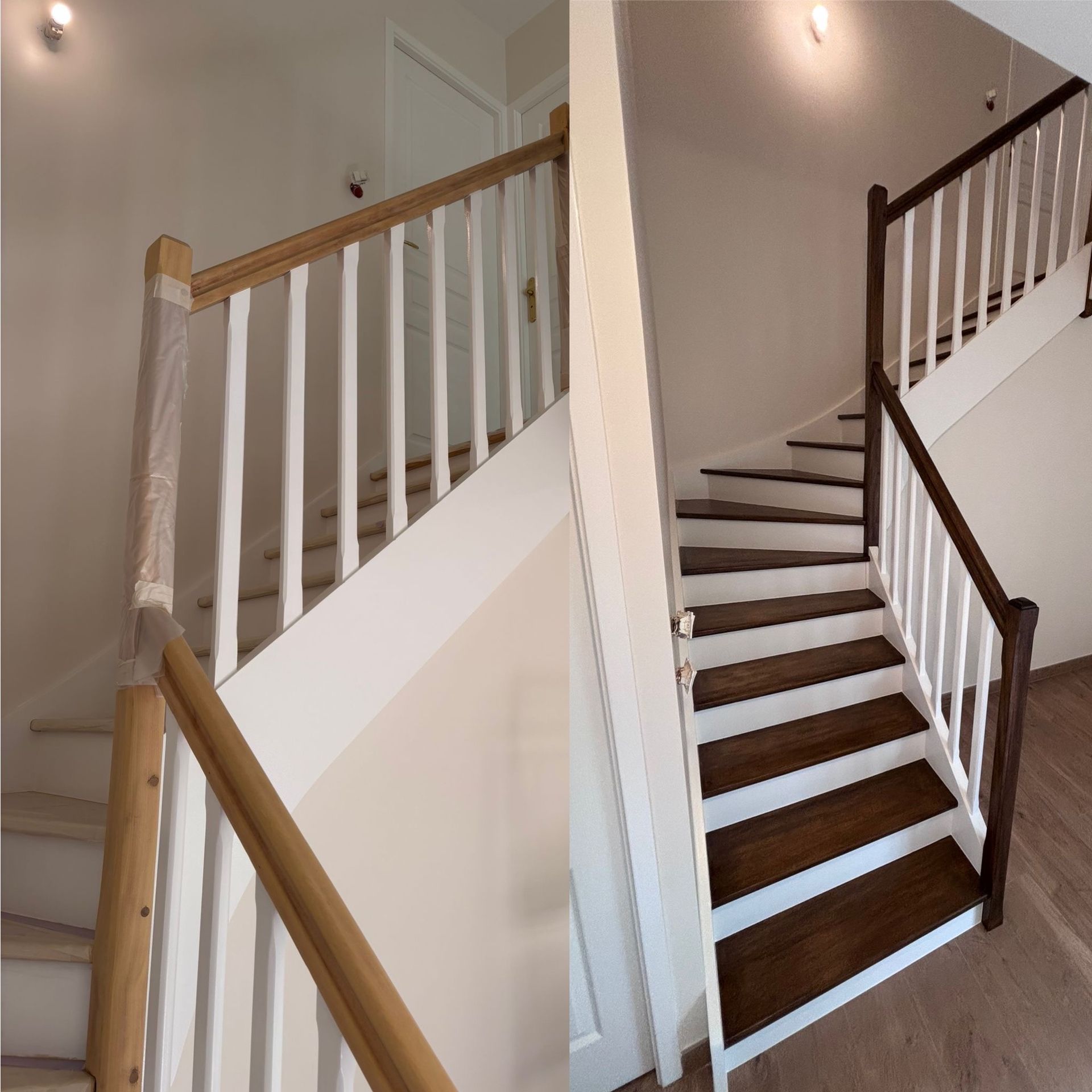 Vue en deux parties montrant un escalier en bois avant (finition naturelle) et après (marches et rampes teintées foncées) rénovation.