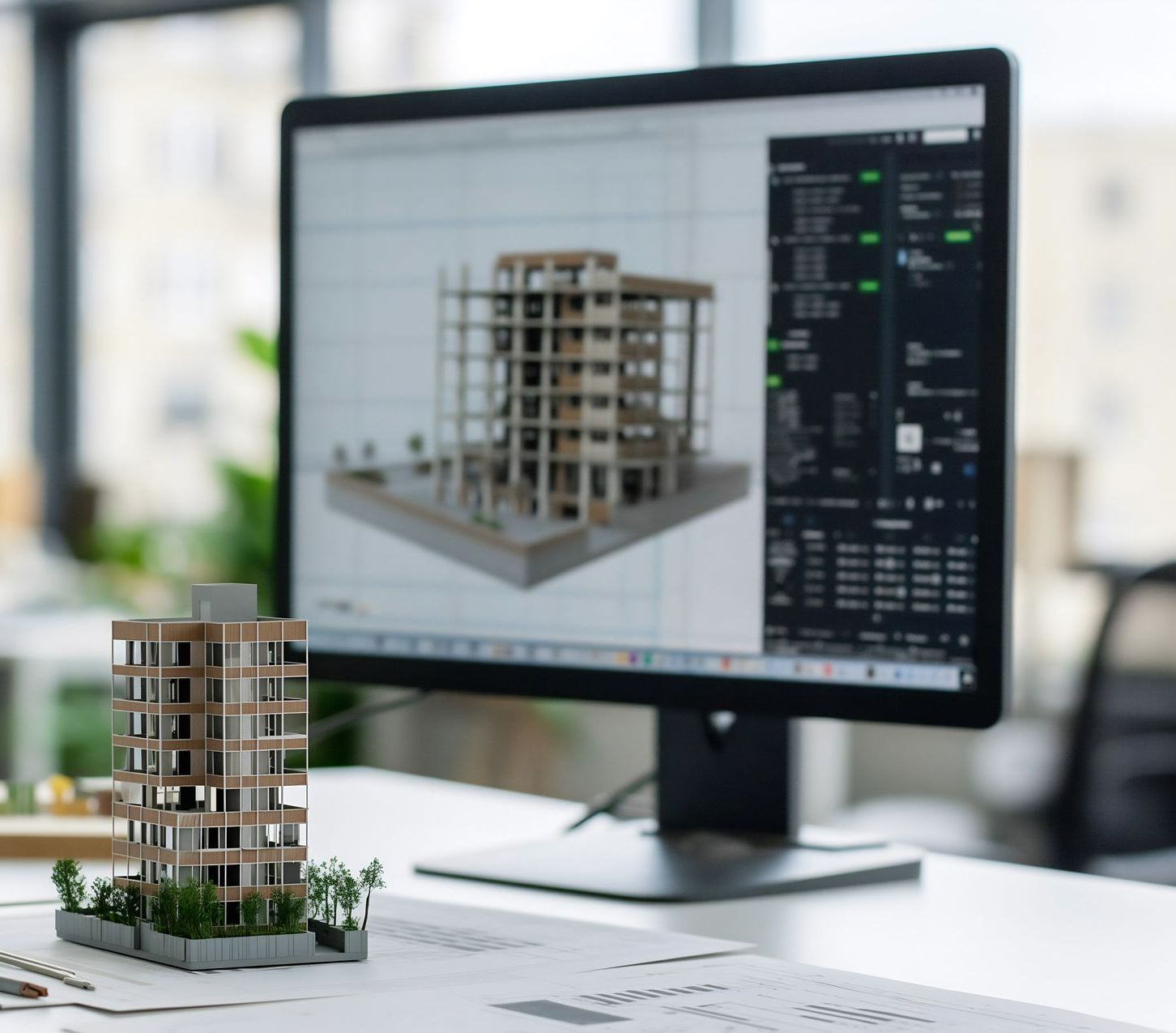 Ordinateur et maquette d'un immeuble