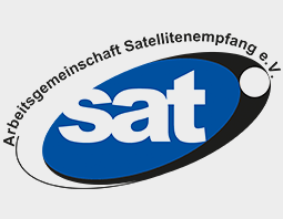 A blue and white logo for arbeitsgemeinschaft satellitenempfang e.v.