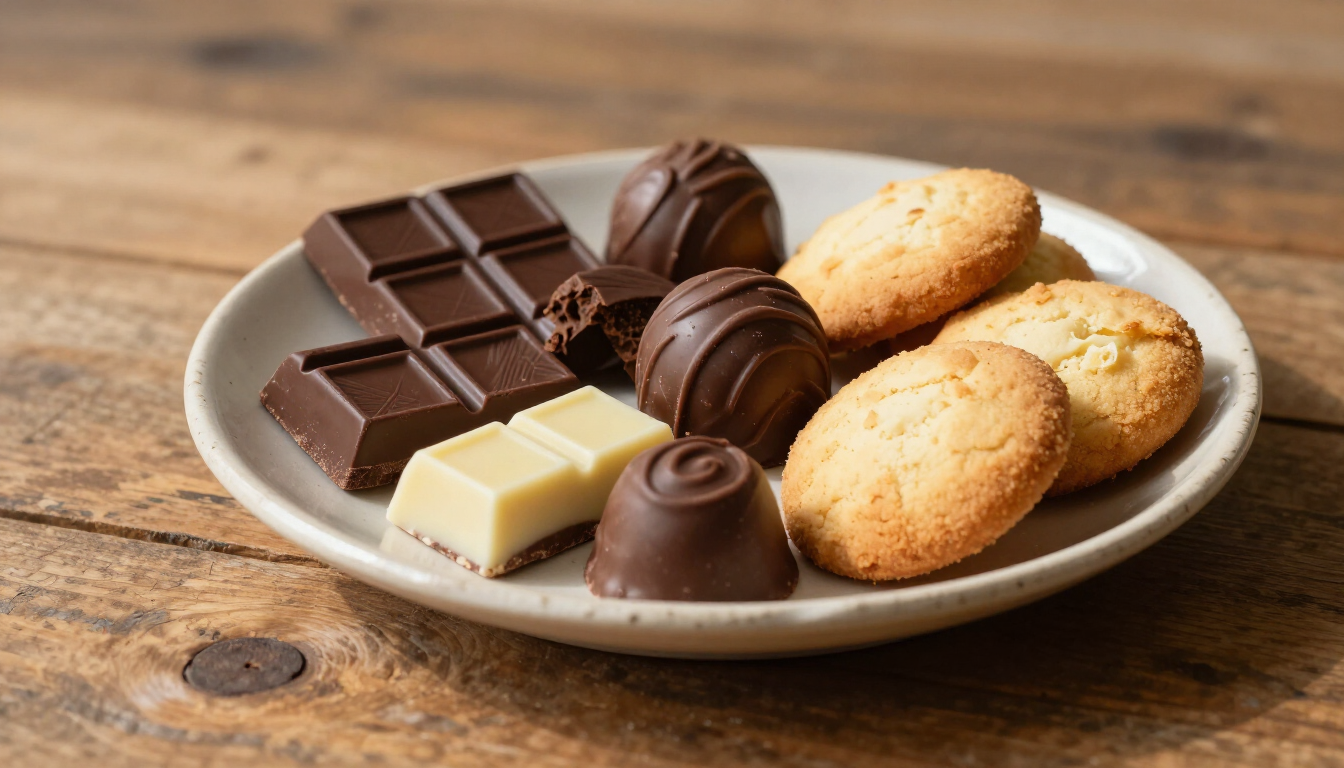 Surtido de bombones y galletas en un plato blanco sobre una mesa de madera.