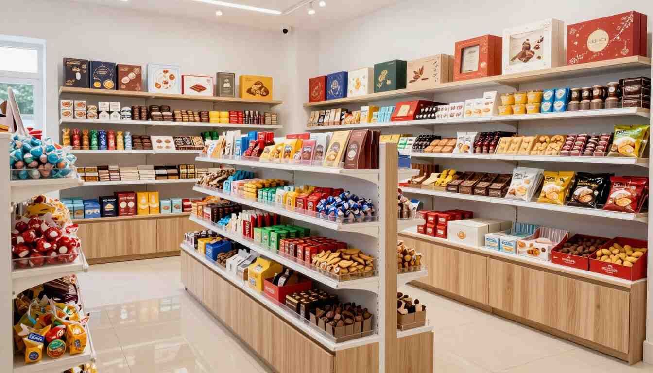 Pasillo de tienda de conveniencia luminoso y moderno con estantes repletos de bocadillos, bebidas y productos envasados.