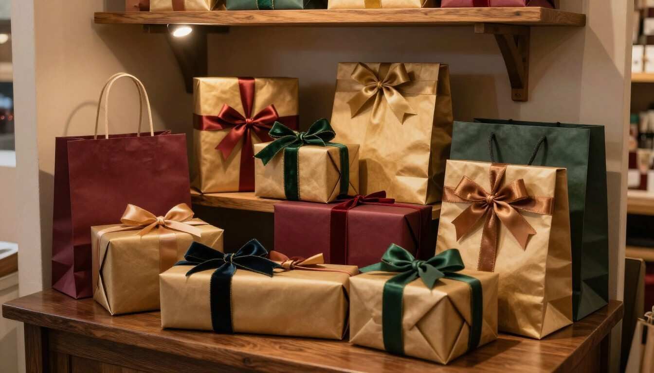 Cajas de regalo surtidas envueltas en rojo, dorado, verde y marrón apiladas en un estante y una mesa de madera.