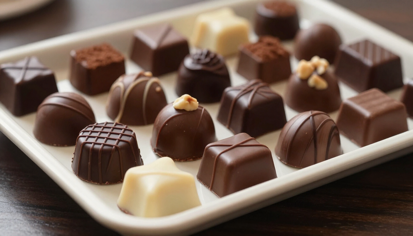 Surtido de trufas de chocolate y pralinés dispuestos en una bandeja blanca.