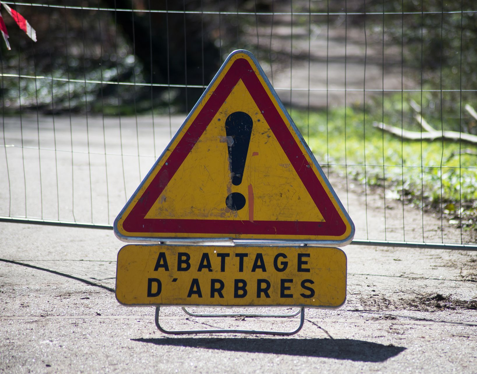 Panneau d'avertissement jaune avec point d'exclamation qui indique l'abattage d'arbres