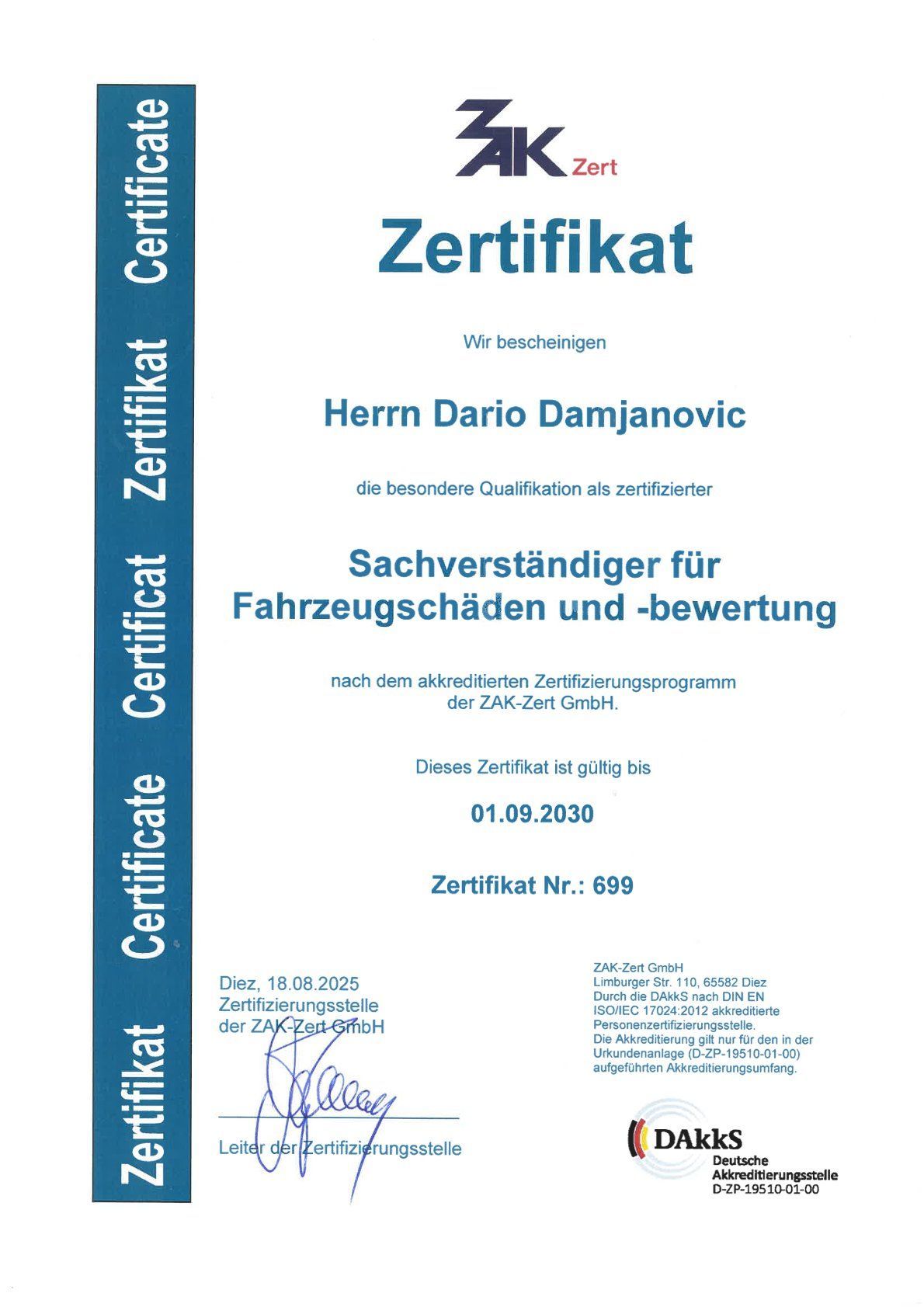 Ein Zertifikat mit der Aufschrift „Zertifikat“ ist von zwei Personen unterschrieben.