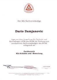 Ein Zertifikat, auf dem Dario Damjanovic steht