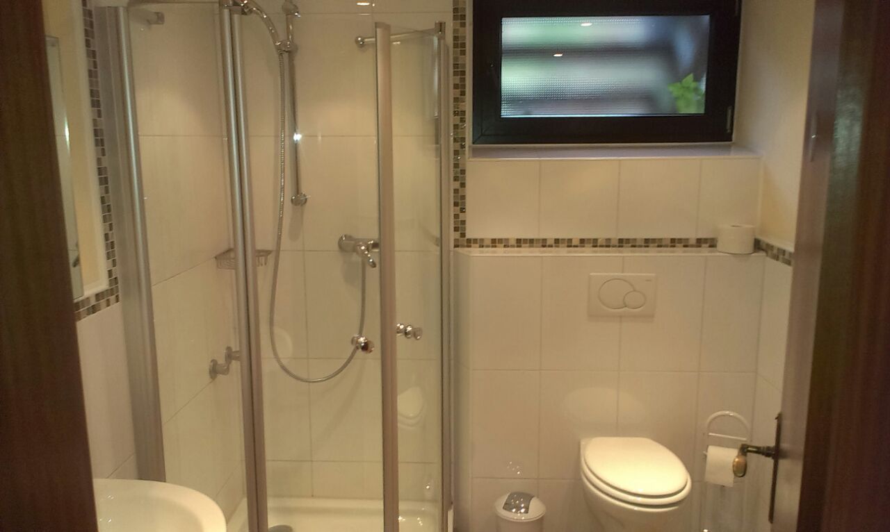 Ein Badezimmer mit Toilette, Dusche, Waschbecken und Spiegel.