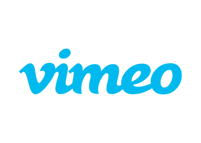 Vimeo-Logo in hellblauer Schreibschrift mit einem einzelnen blauen Punkt über dem „i“ auf weißem Hintergrund.