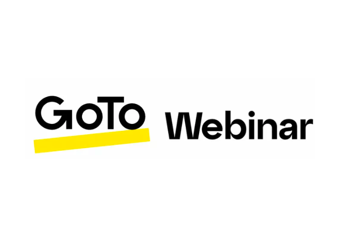 GoTo Webinar-Logo: Schwarzer Text auf weißem Hintergrund, „GoTo“ mit gelbem Unterstrich, „Webinar“ rechts.