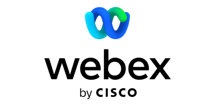 Webex-Logo mit einem wirbelnden blauen und grünen Unendlichkeitssymbol über dem Wort „Webex“ in Schwarz. „von CISCO“ in kleinerer schwarzer Schrift darunter.