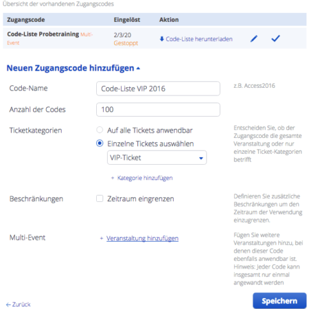 Zugangscodes erstellen
