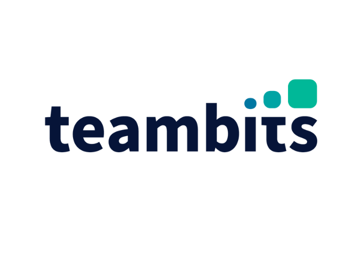 Logo für „Teambits“ mit dunkelblauem Text und einer abstrakten Ansammlung blauer und blaugrüner Quadrate.