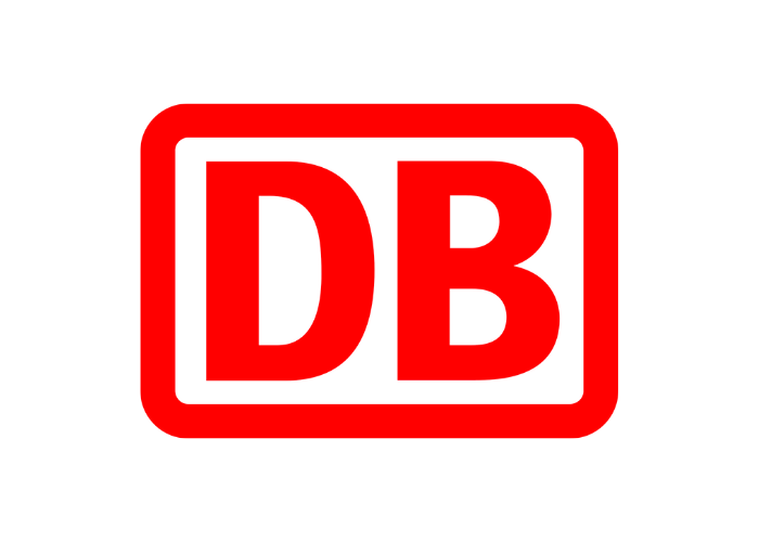 Rotes Quadrat mit abgerundeten Ecken, darin die Buchstaben „DB“ in Rot, das Logo der Deutschen Bahn.
