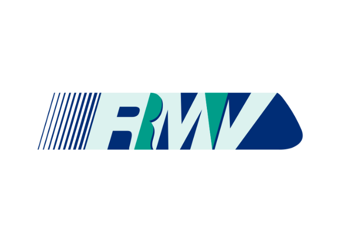 Logo für RMW, ein Unternehmen oder eine Organisation, mit den Buchstaben „RMW“ in einem stilisierten Design in den Farben Blau, Blaugrün und Weiß auf weißem Hintergrund.