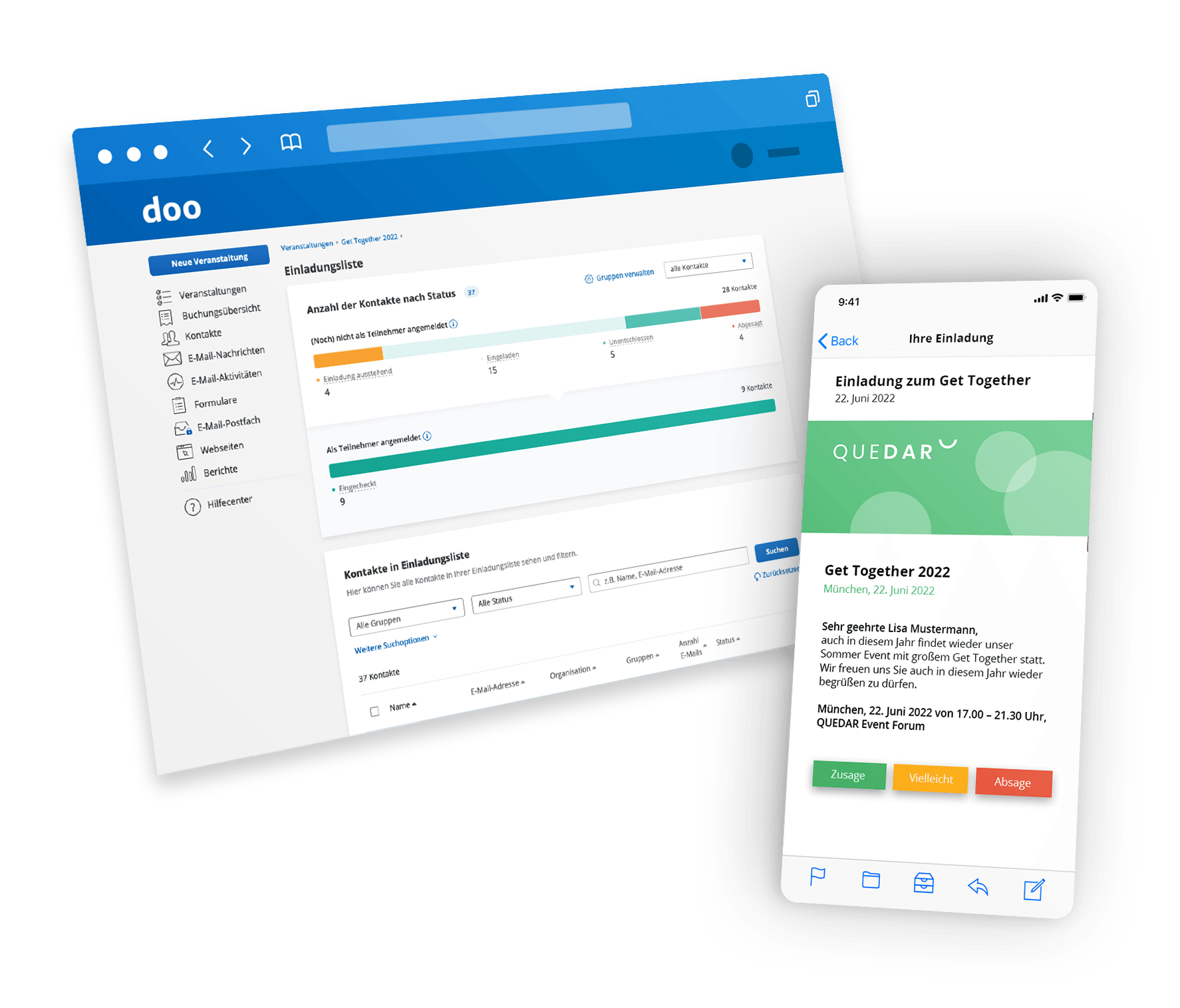 Screenshot einer Website und eines Mobiltelefons. Die Website zeigt ein Daten-Dashboard mit Balken und Beschriftungen. Das Telefon zeigt ein Dokument mit Schaltflächen.