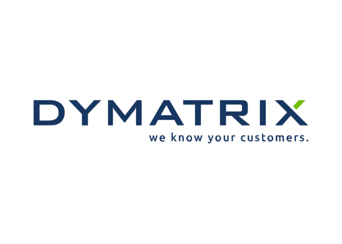 Logo für Dymatrix mit dem Firmennamen in Dunkelblau und dem Slogan „Wir kennen Ihre Kunden.“ in Grau. Der Name enthält ein grünes „X“.