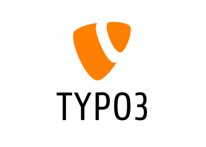 TYPO3-Logo: orangefarbene Schildform mit einem stilisierten weißen „T“ darin, darunter das Wort „TYPO3“ in schwarzer Schrift.