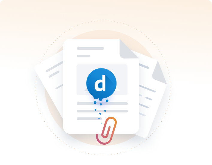 Dokumente mit dem Logo mit dem Buchstaben „d“, befestigt mit einer Büroklammer.