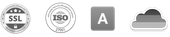 Graue Symbole: SSL-Siegel, ISO-Siegel, Buchstabe A und ein Wolkensymbol.