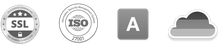 Graue Symbole: SSL-Siegel, ISO-Siegel, Buchstabe A und ein Wolkensymbol.