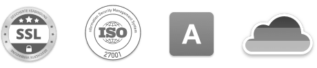 Graue Symbole: SSL-Siegel, ISO-Siegel, Buchstabe A und ein Wolkensymbol.