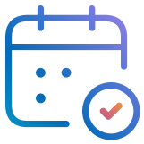 Kalendersymbol mit einem Häkchen, das eine geplante oder abgeschlossene Aufgabe anzeigt. Blauer und violetter Farbverlauf mit einem rot-orangen Häkchen.