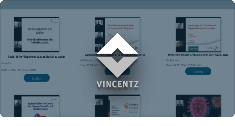 Eine Website, die Video-Thumbnails mit einem zentrierten weißen Rautenlogo anzeigt, in dessen Mitte „VINCETZ“ steht.