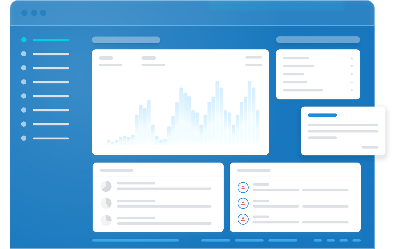 Blaue Dashboard-Oberfläche mit Diagrammen und Datenvisualisierungsfeldern.