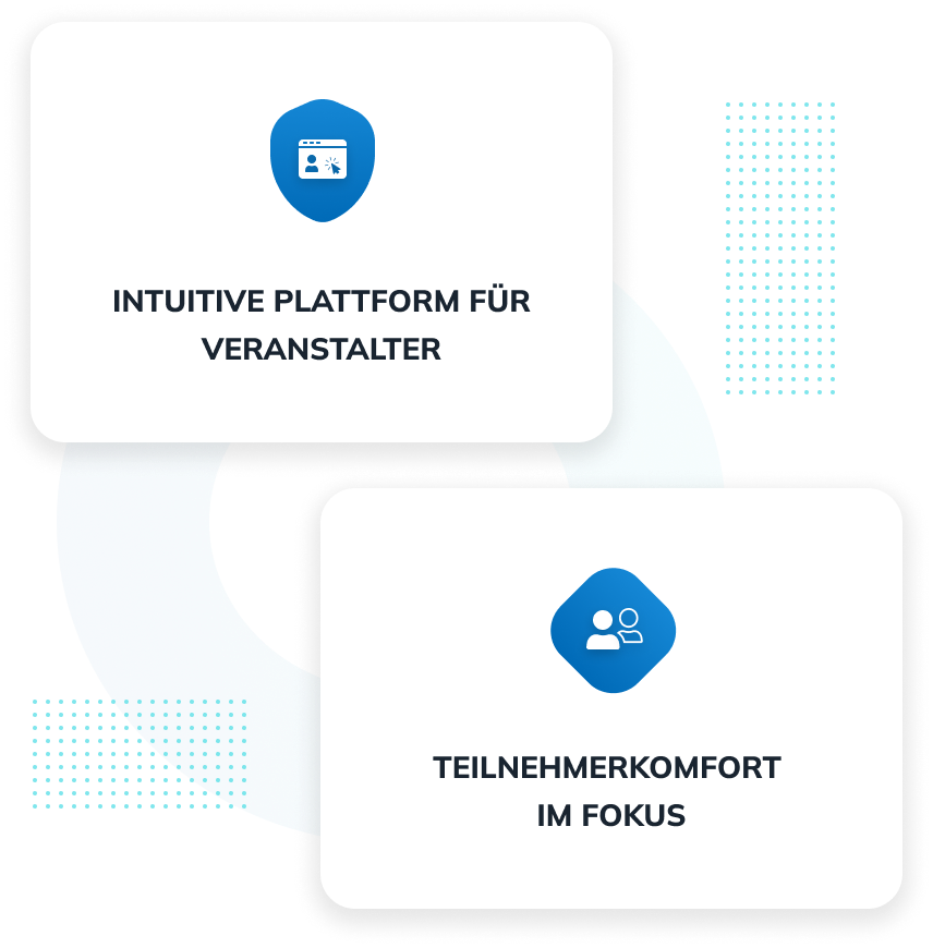 Zwei Karten mit dem Text: „Intuitive Plattform für Veranstalter“ und „Teilnehmerkomfort im Fokus“, mit blauen Symbolen.