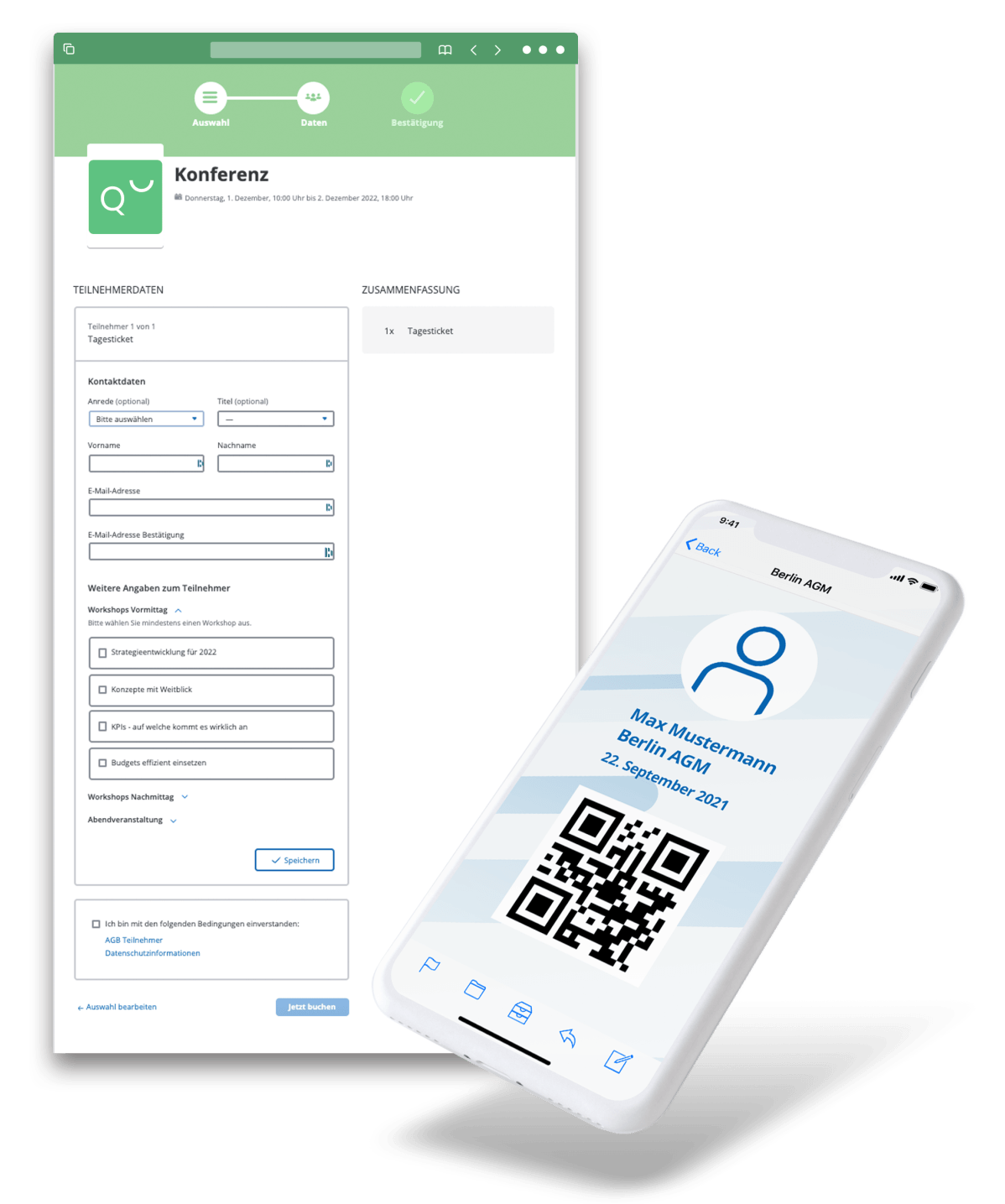 Webseite und mobile App mit grünen Akzenten. Die Webseite zeigt ein Formular und die App einen QR-Code und ein Benutzerprofil.