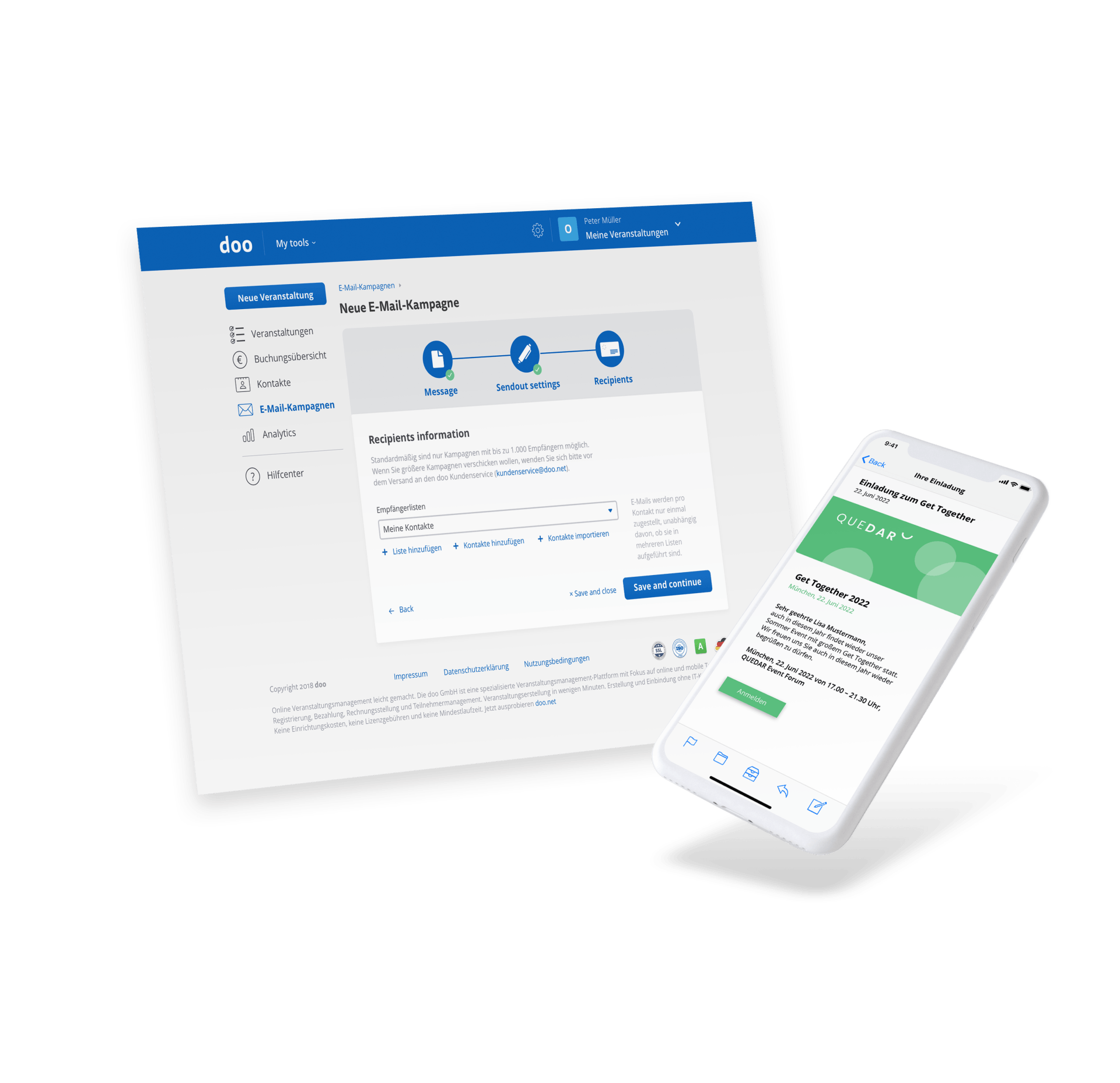 Auf einem Computerbildschirm und einem Mobiltelefon angezeigte Website mit Benutzeroberfläche. Beide sind in den Farben Blau und Weiß gehalten.