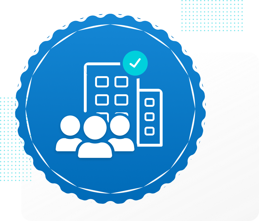 Blaues Abzeichen mit weißen Symbolen von Personen, Gebäuden und einem Häkchen, das ein verifiziertes Unternehmen oder Team darstellt.