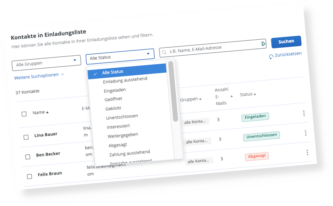 Eine Benutzeroberfläche zum Filtern von Daten, die ein Dropdown-Menü mit Filteroptionen wie „Stadtstaaten“ und „Land“ anzeigt.