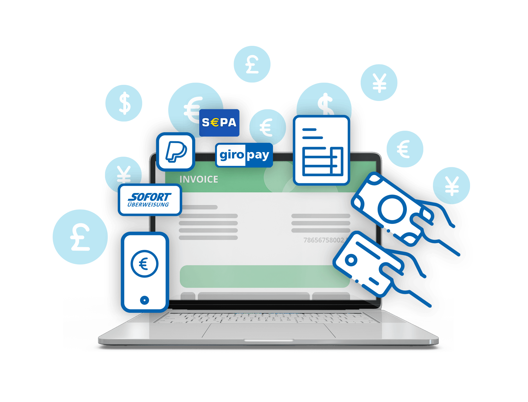Auf dem Laptop wird eine Rechnung angezeigt, umgeben von Zahlungssymbolen und Währungssymbolen, und die Hände zahlen mit Bargeld und Karte.