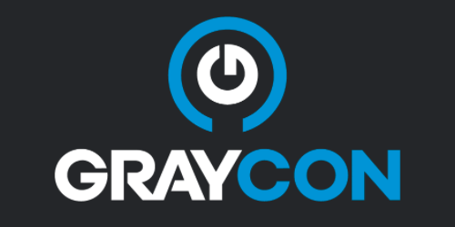 Graycon-Logo mit einem Einschaltknopf-Symbol über dem Text. Das Logo ist weiß und blau auf dunkelgrauem Hintergrund.