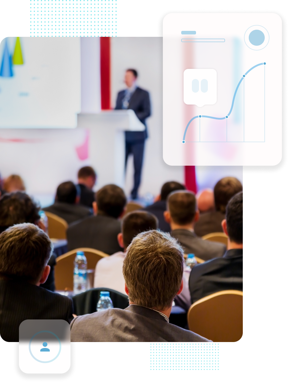 Das Publikum einer Konferenz hört einem Redner auf einem Podium zu; Datenvisualisierungs-Overlay.