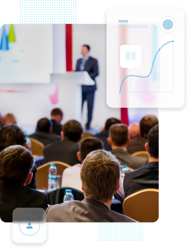 Das Publikum einer Konferenz hört einem Redner auf einem Podium zu; Datenvisualisierungs-Overlay.