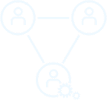 Drei verbundene Benutzersymbole, eines mit einem Zahnrad, suggerieren Zusammenarbeit oder Prozessablauf.