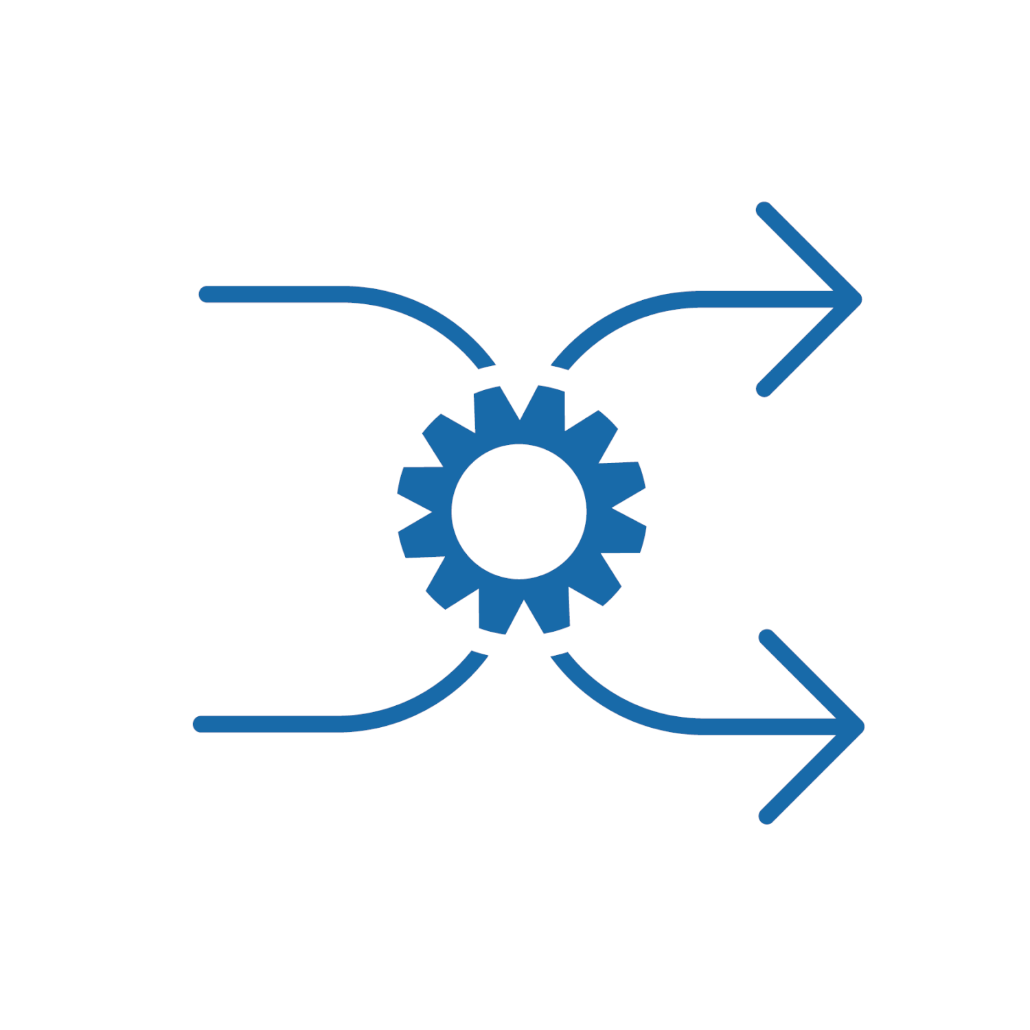 Blaues Zahnradsymbol mit ein- und ausgehenden Linien, das einen Prozess oder eine Transformation darstellt.