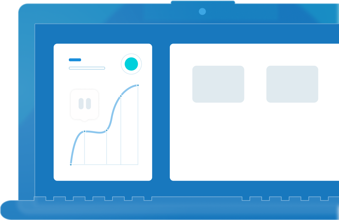 Blaue Dashboard-Oberfläche mit Diagrammen und Datenvisualisierungsfeldern.