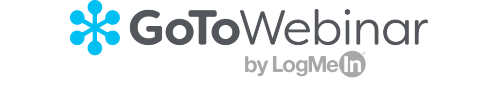 GoToWebinar-Logo mit einer blauen Schneeflocke und dem Text „GoToWebinar by LogMeIn“ in Dunkelgrau.