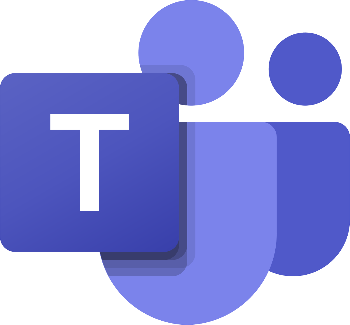 Microsoft Teams-Logo: Ein weißes „T“ in einem abgerundeten blauen Quadrat, überlappende stilisierte violette Figuren.