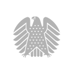 Emblem des deutschen Bundesadlers. Graue Adlersilhouette innerhalb eines grauen Kreisrands, nach rechts gerichtet.