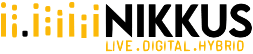 NIKKUS-Logo mit abstraktem gelbem Design und den Worten „LIVE.DIGITAL.HYBRID“ unter dem Namen.