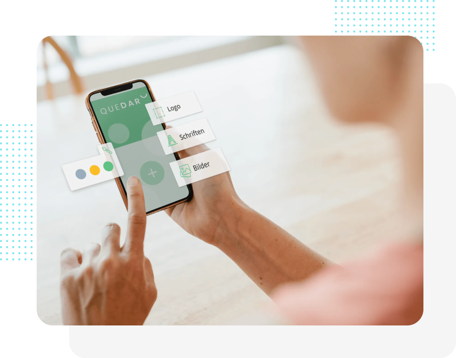 Die Hände einer Person tippen auf den Bildschirm eines Mobiltelefons mit einer App-Oberfläche. Die Oberfläche zeigt farbige Optionen und Text an.