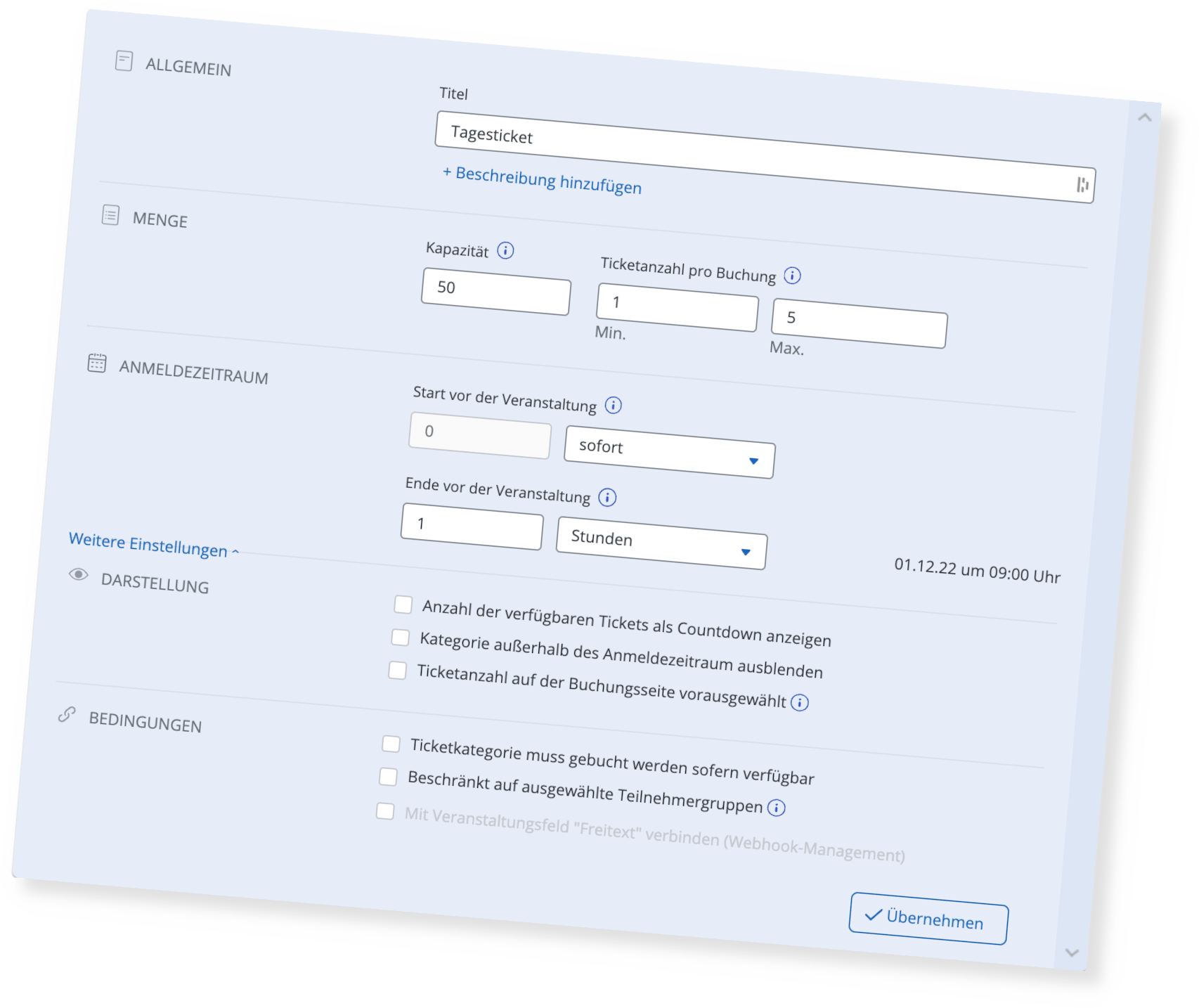 Registrierungsformular mit Feldern für Name, Adresse, Kontaktinformationen und Kontrollkästchen für die Allgemeinen Geschäftsbedingungen; hellblauer Hintergrund.