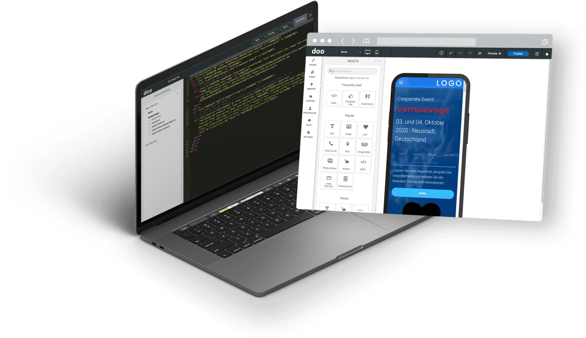 Laptop, auf dem Code angezeigt wird, mit einem Browserfenster, auf dem die Benutzeroberfläche einer mobilen App und Fernbedienungstasten angezeigt werden.