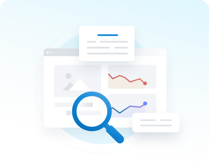 Ein Desktop mit Dokumenten, Diagrammen und einer Karte in einem klaren, modernen Design in Blau- und Lilatönen.