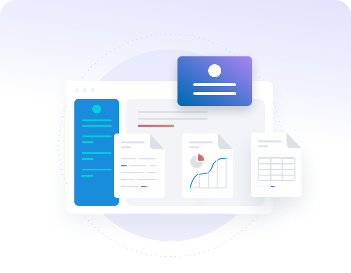 Ein Desktop mit Dokumenten, Diagrammen und einer Karte in einem klaren, modernen Design in Blau- und Lilatönen.