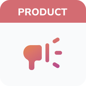 Symbol: Ein Megaphon, das Tonlinien ausgibt, über dem Wort „PRODUKT“ in einem kastanienbraunen Kasten.